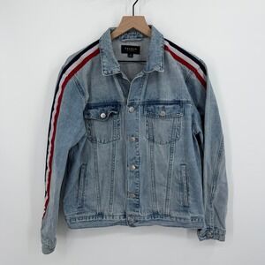 PacSun Womens Light Wash Denim Trucker Jacket Red White Blue Side Stripe Size M